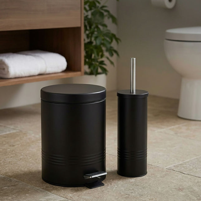 Koupelnový set s pedálovým košem a WC štětkou, černá