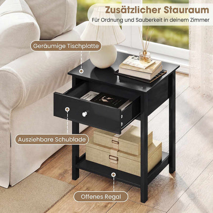 Black Bedside Tables Set of 2 with Drawer and Shelf