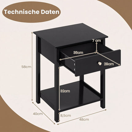 Black Bedside Tables Set of 2 with Drawer and Shelf