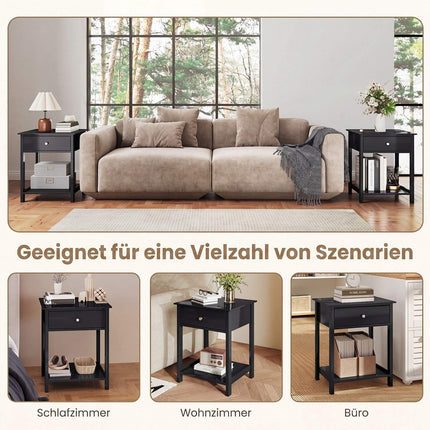 Black Bedside Tables Set of 2 with Drawer and Shelf