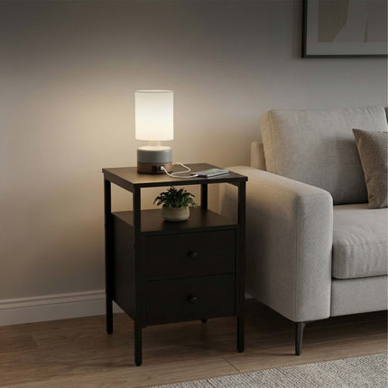 Black Bedside Table with 2 Drawers, MDF & Steel