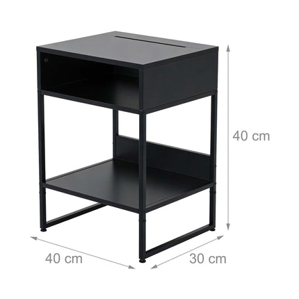 Black Bedside Table with 2 Shelves and Phone Holder