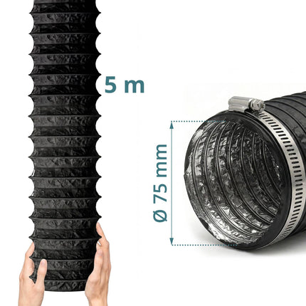 Flexibilní odtahová hadice, 5m x 75mm, PVC a hliník, černá