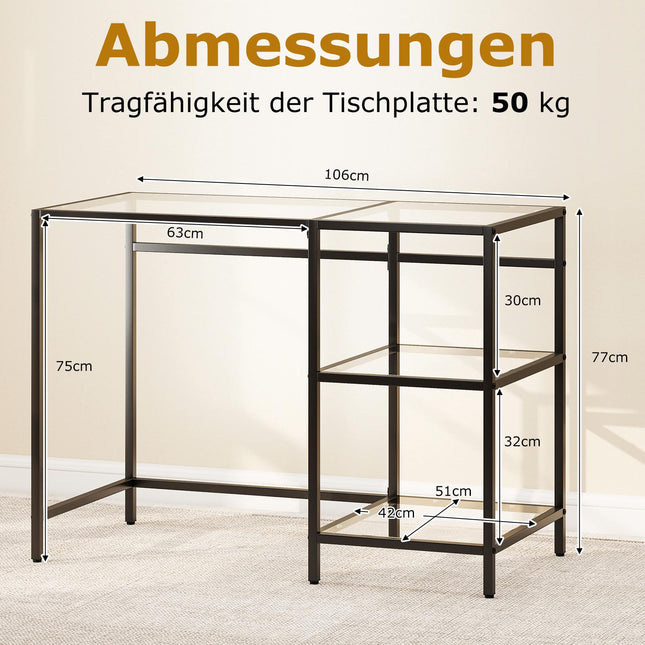 Computertisch aus schwarzem Glas mit Metallrahmen, 106x51x76 cm