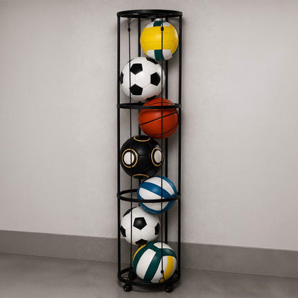 Černý kovový stojan na míče s kolečky, 148.5 x 33 cm