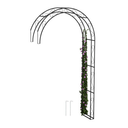 Černý kovový zahradní oblouk – poloviční pergola s treláží