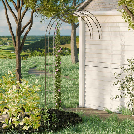 Černý kovový zahradní oblouk – poloviční pergola s treláží