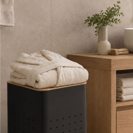 Black Metal Laundry Hamper with Lid, 55L Capacity
