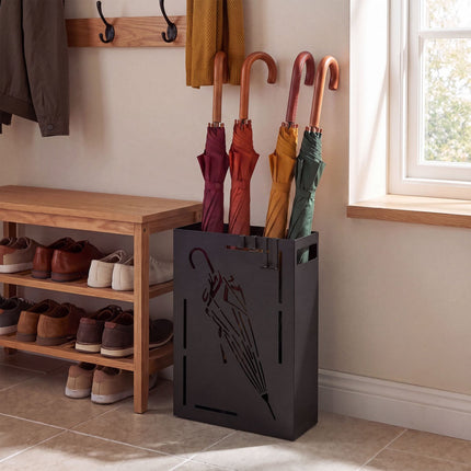 Black Metal Umbrella Holder Rack with Drip Tray
