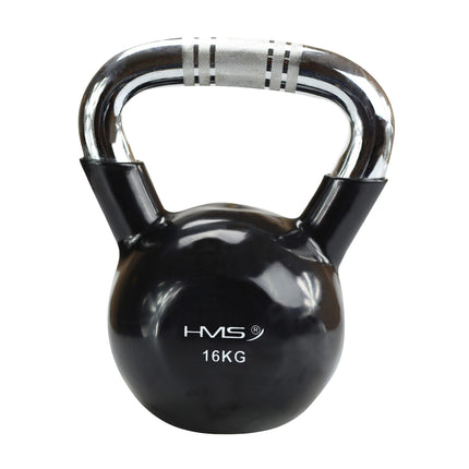 Černý litinový kettlebell s vinylovým povrchem, chromovaná rukojeť