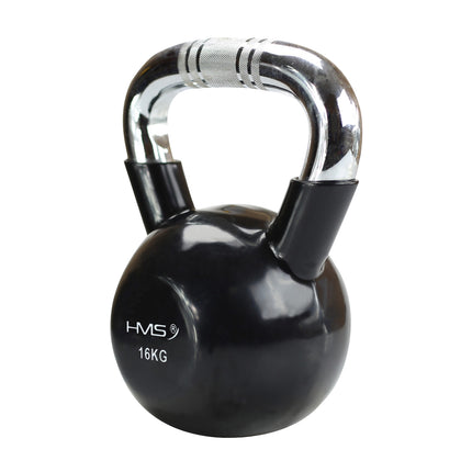 Černý litinový kettlebell s vinylovým povrchem, chromovaná rukojeť