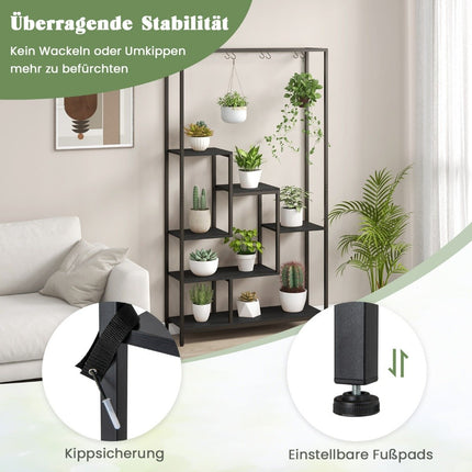 Černý 6patrový stojan na květiny 180 cm, kovový regál s 10 S-háčky