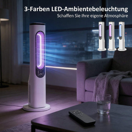 Bezlopatkový věžový ventilátor s 15hodinovým časovačem, tichý 35 dB, bílý