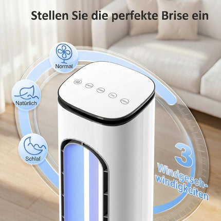 Bezlopatkový věžový ventilátor s 15hodinovým časovačem, tichý 35 dB, bílý