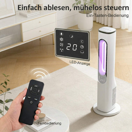 Bezlopatkový věžový ventilátor s 15hodinovým časovačem, tichý 35 dB, bílý