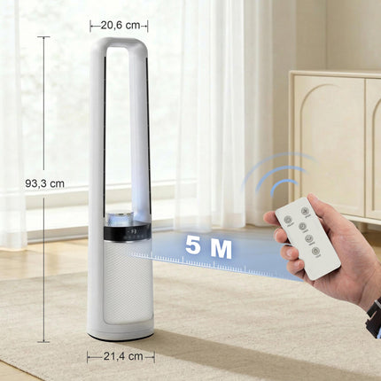 Bezlopatkový věžový ventilátor s dálkovým ovládáním, oscilace 45, časovač