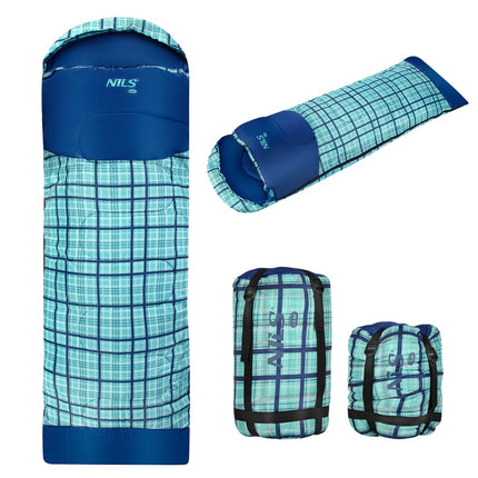 Spací pytel modrý kostkovaný, lehký, kompaktní