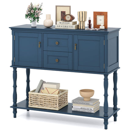 Blue Console Table with 2 Drawers, Cabinets & Shelf