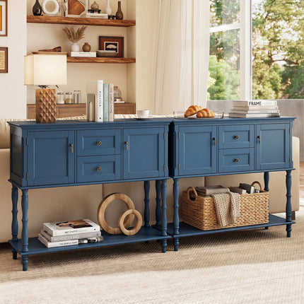 Blue Console Table with 2 Drawers, Cabinets & Shelf