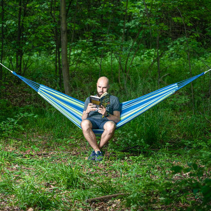 Houpací síť modro-zelená, šířka 120cm, bavlna-polyester