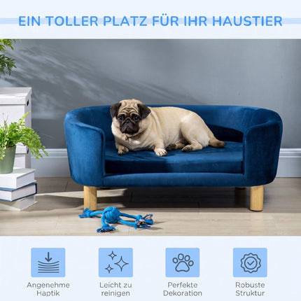 Blue Velvet Dog Sofa with Backrest and Wood Legs