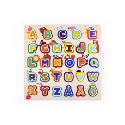 Bo. naučné dřevěné puzzle "Abeceda a zvířata" (ve finštině)
