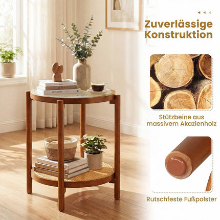Boho 2-Tier Side Table with Tempered Glass Top, Walnut