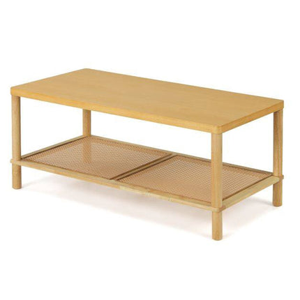 Boho Coffee Table with Rattan Shelf and Rubber Wood Frame