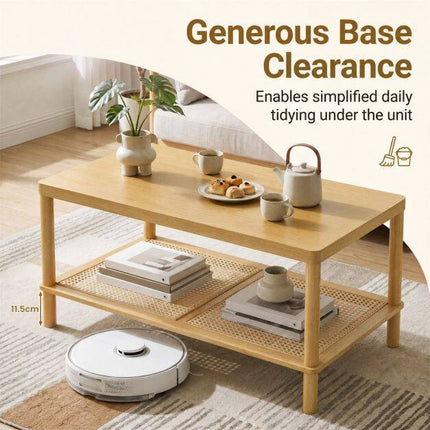 Boho Coffee Table with Rattan Shelf and Rubber Wood Frame