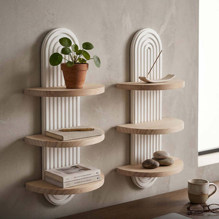 Boho Floating Wall Shelf Set, 2pc Pine, White/Brown
