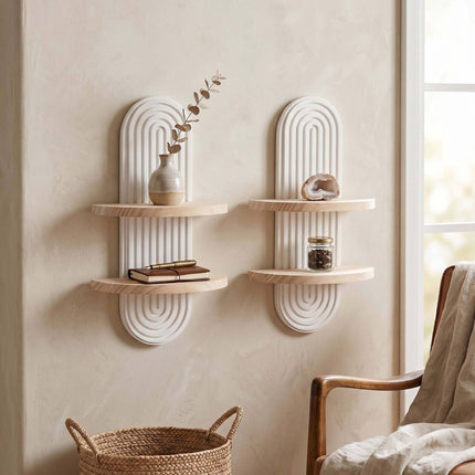 Boho Floating Wall Shelves, 2-Piece Set, Pine Wood