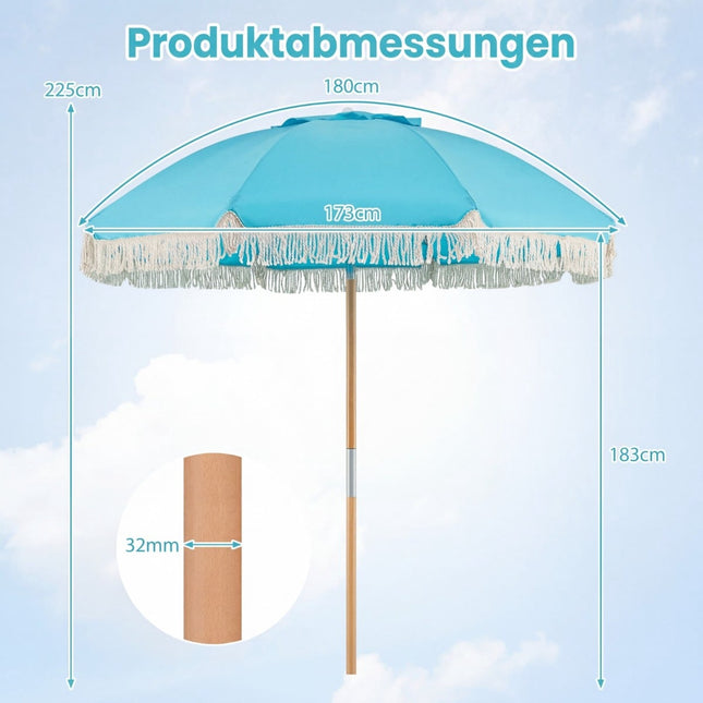 Boho zahradní slunečník, 170 cm, modrý, nastavitelný sklon