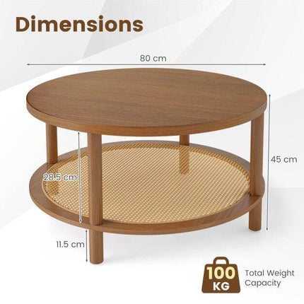 Boho Rattan Coffee Table with Storage Shelf, Walnut Finish
