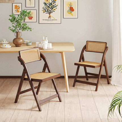 Boho Rattan Folding Chairs, Bamboo Frame, Set of 2