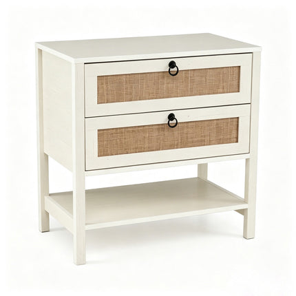 Boho Rattan Nightstand with 2 Drawers & Shelf, White Oak
