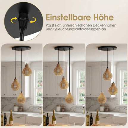 Boho ratanové závěsné svítidlo, 3 zdroje, nastavitelná výška