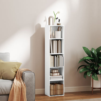 White Wood Bookcase, 5 Compartments, Adjustable Shelves