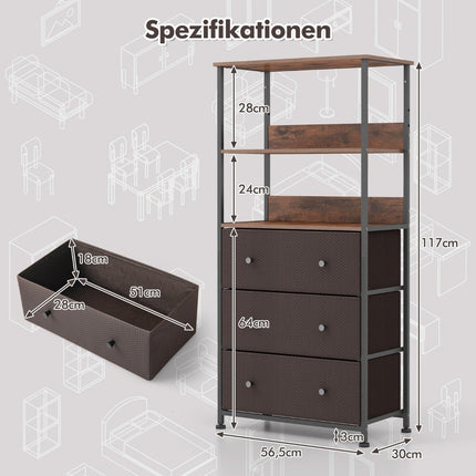 Knihovna se 3 zásuvkami a otevřenými policemi komoda skříňka 56.5 x 20 x 117cm