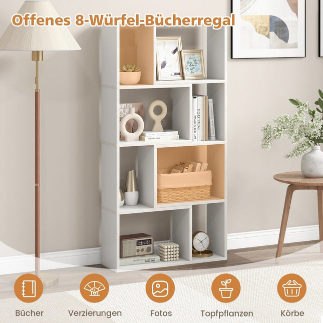 Boekenkast met 4 niveaus, staande plank met 8 vakken, kubusplank, 60 x 20 x 120 cm, wit