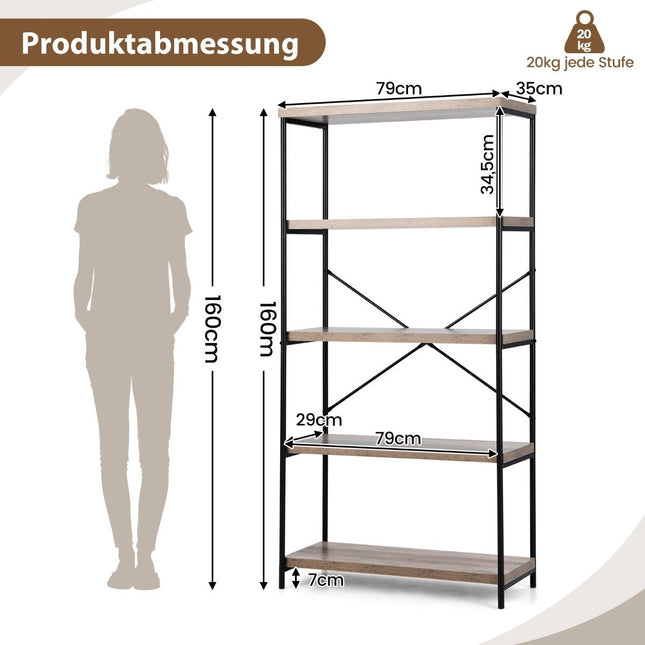 Boekenkast met 5 niveaus & metalen frame & industrieel design staande plank kantoorplank grijs