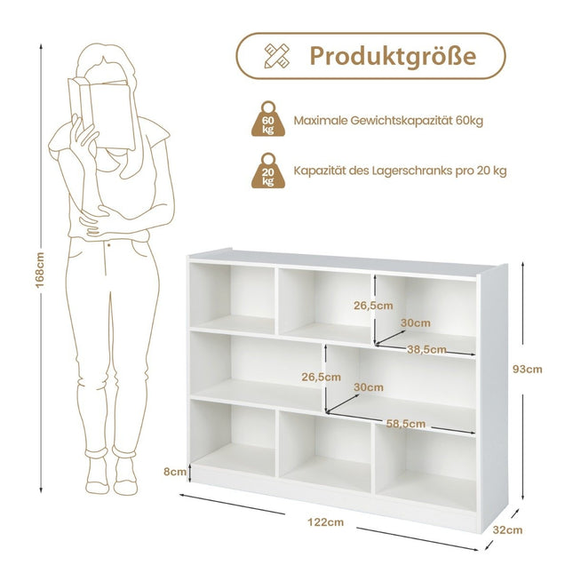 Boekenkast met 8 vakken, 3-laags staande plank voor woonkamer, 122 x 32 x 93 cm, wit
