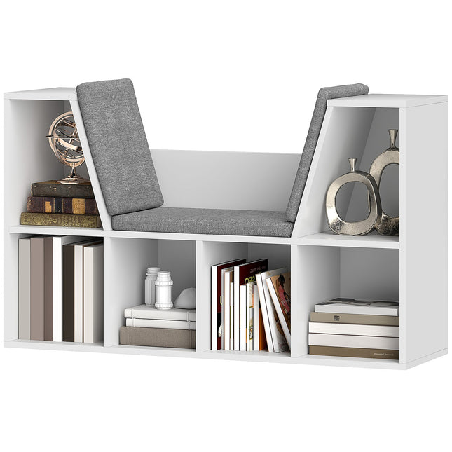 Weißes Bücherregal mit Sitzkissen - 6-Fächer-Aufbewahrungsregal