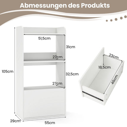 Bookcase with drawer, standing shelf with 2 compartments, office shelf made of wood, 55 x 29 x 105 cm, white