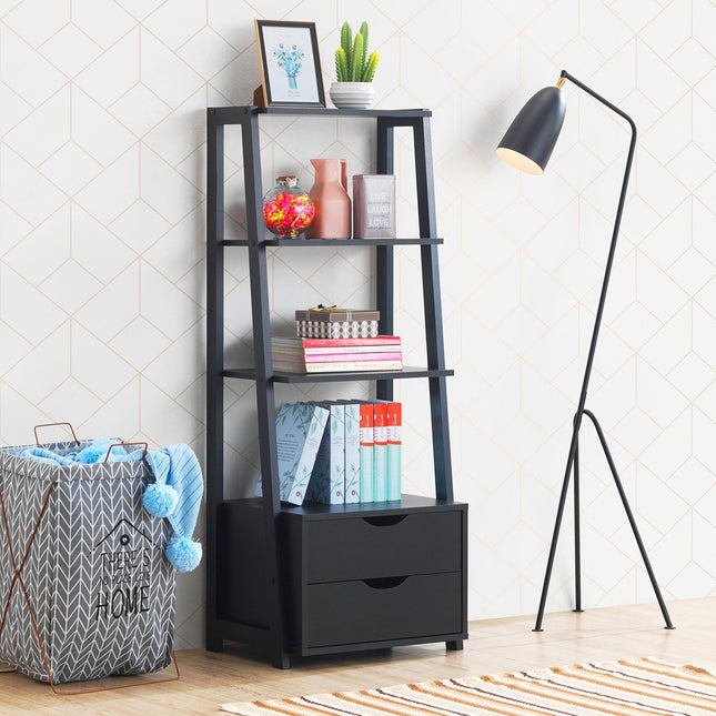 Bücherregal 4-stufig Modernes Holzregal Leiterregal mit Schubladen Badezimmerregal Schwarz