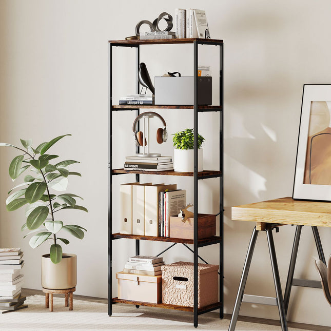 Boekenplank, 5-laags, metalen frame, melamine, bruin