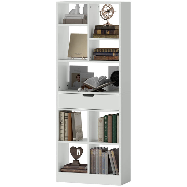 Weißes Bücherregal mit 9 Fächern, Schublade und Kippschutz