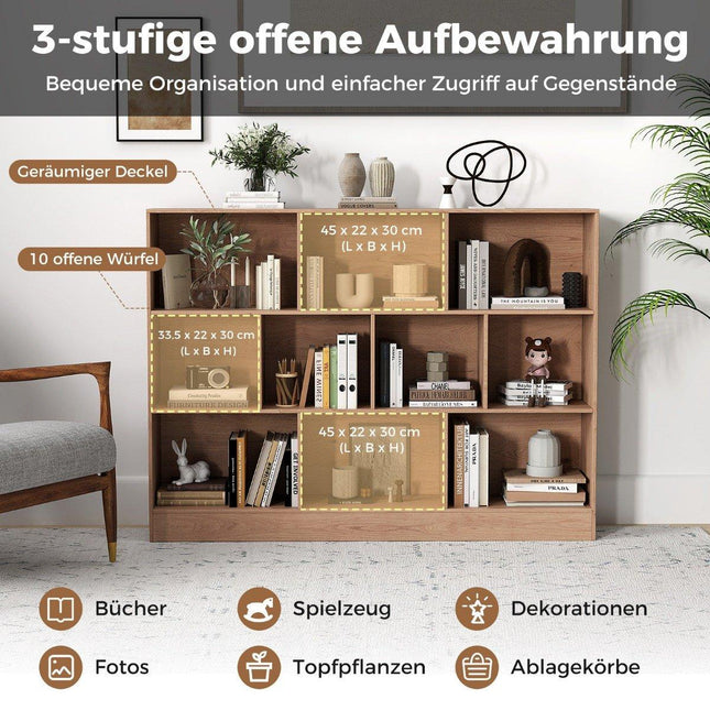 Boekenplank met 10 vakken, 3-laags, 140x24x104 cm