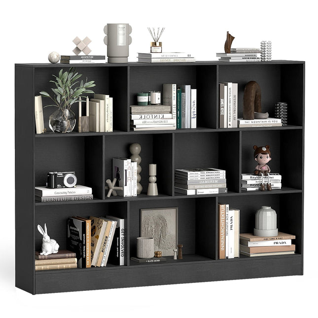 Boekenkast met 10 vakken, vrijstaand, 3 lagen, zwart