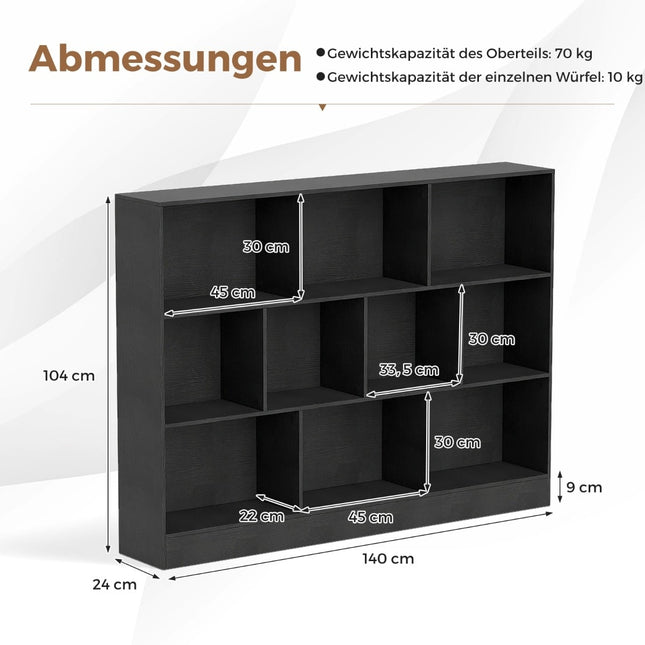 Boekenkast met 10 vakken, vrijstaand, 3 lagen, zwart