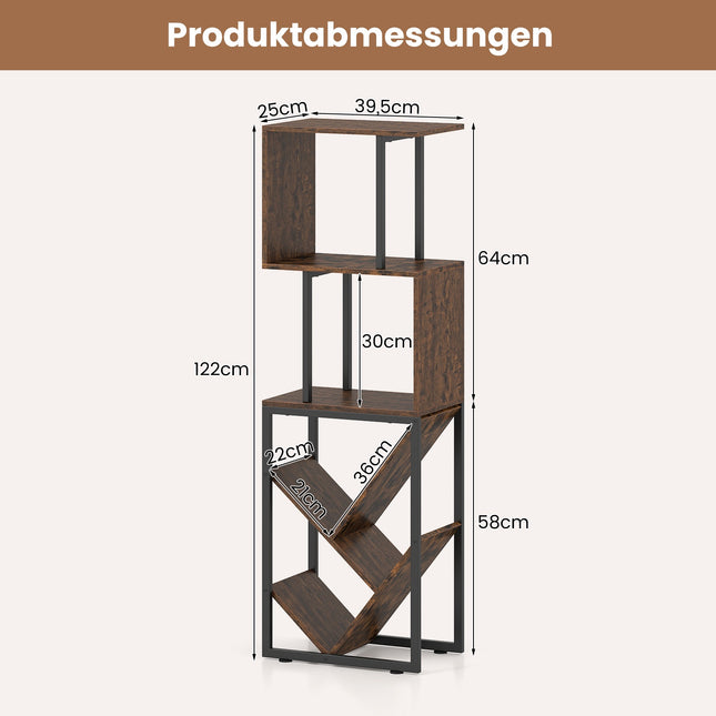 Boekenkast met 3 open planken, boommotief, 39,5 x 25 x 122 cm